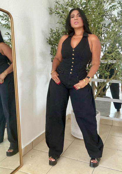 El Blacky Black Spandex Denim Vest Jumpsuit (tiene bolsillos)