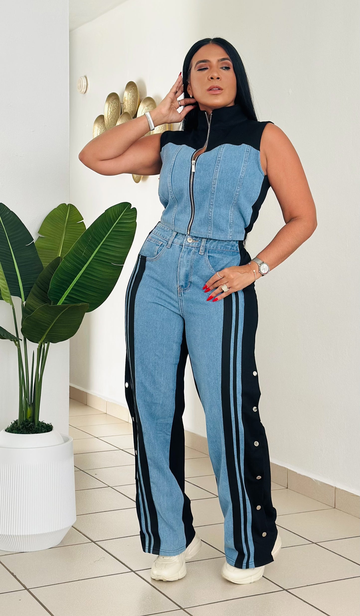 Lela Black and Denim Spandex Travel Set (tiene bolsillos y totalmente expandible) único color