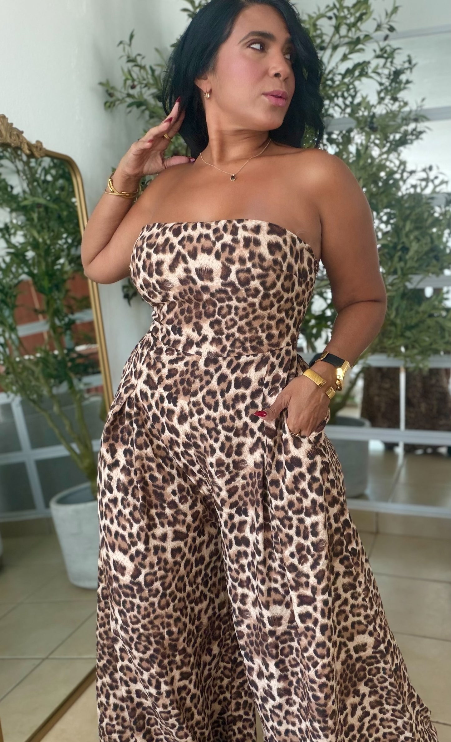 Ava Spandex Animal Print Tube Jumpsuit Palazzo (tiene bolsillos y no zipper ni botones)