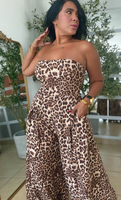 Ava Spandex Animal Print Tube Jumpsuit Palazzo (tiene bolsillos y no zipper ni botones)