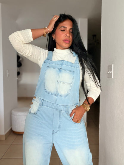Baggy Barrel Spandex Overall Mega Premium.  Denim light Blue.