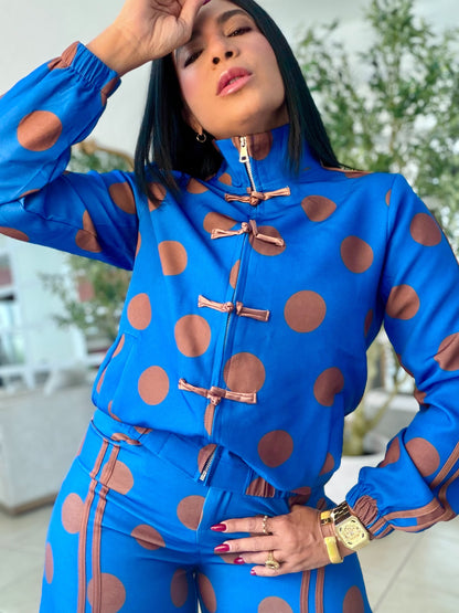 Royal Blue And Choco Brown Pola Dos Barrel Spandex Set (2 piezas) tiene bolsillos (SOLD OUT GRACIAS)
