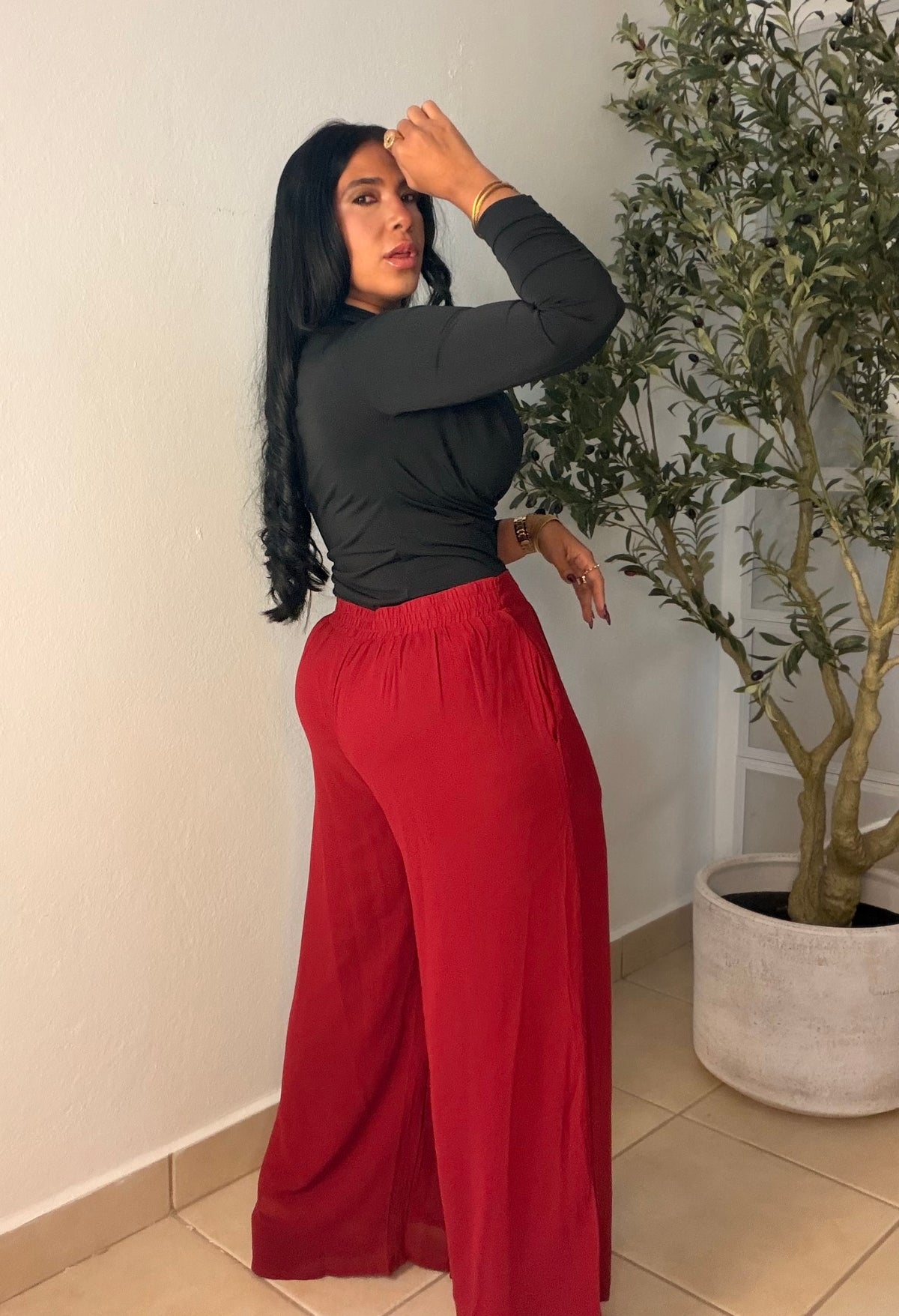 Luxe Red Wine Palazzo Spandex Pants (ben spandex es para quedar suelto porque es palazzo) con bolsillos