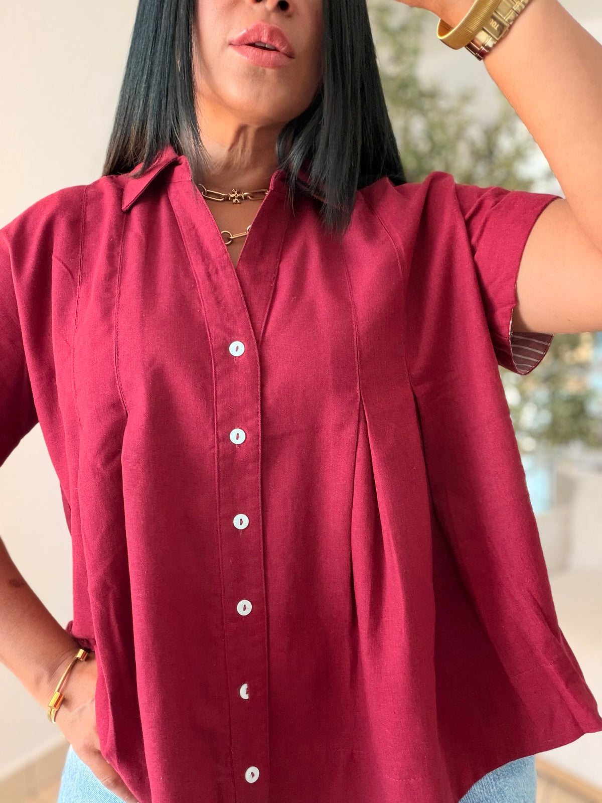 Luxe Red Wine Linen Oversized Blusòn (mangas se usan de dos formas) Rojo Wine(SOLD OUT GRACIAS)