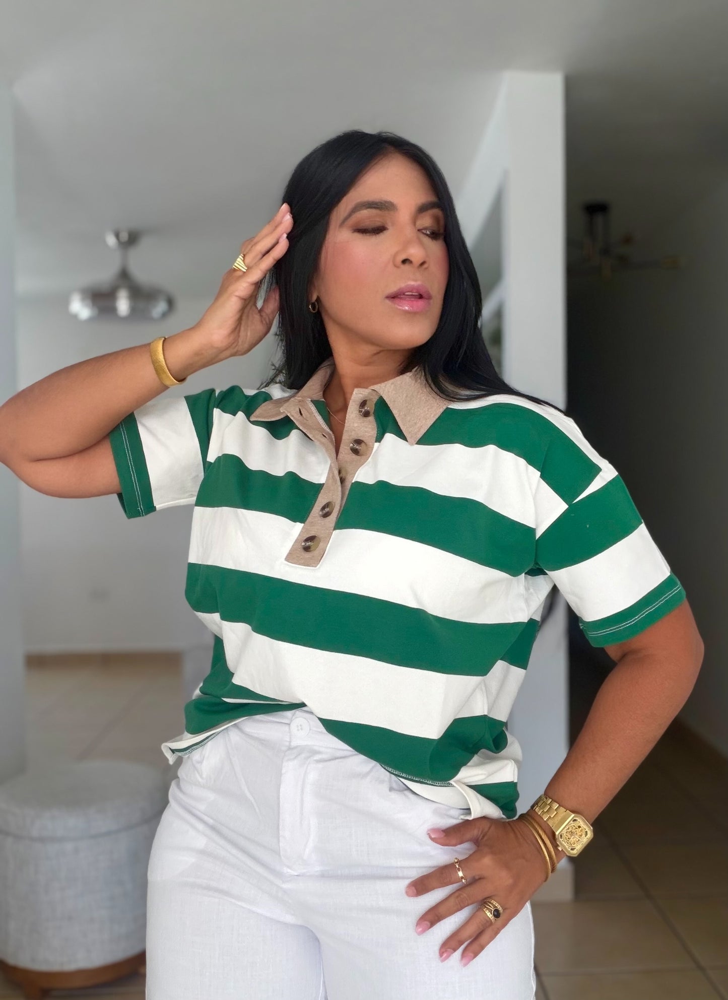 Hunter Green and White Luxe Spandex Mega Premium Striped Polo Shirt (SOLD OUT)