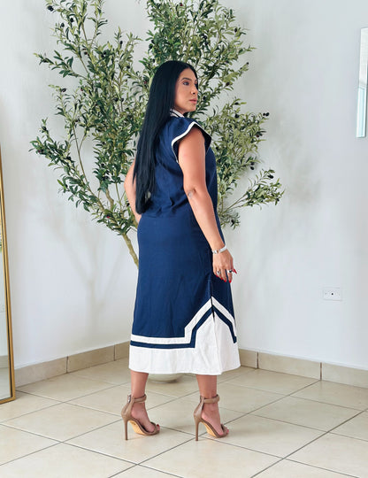 De lujo Ana y Blue Linen Spandex Midi Dress con bolsillos