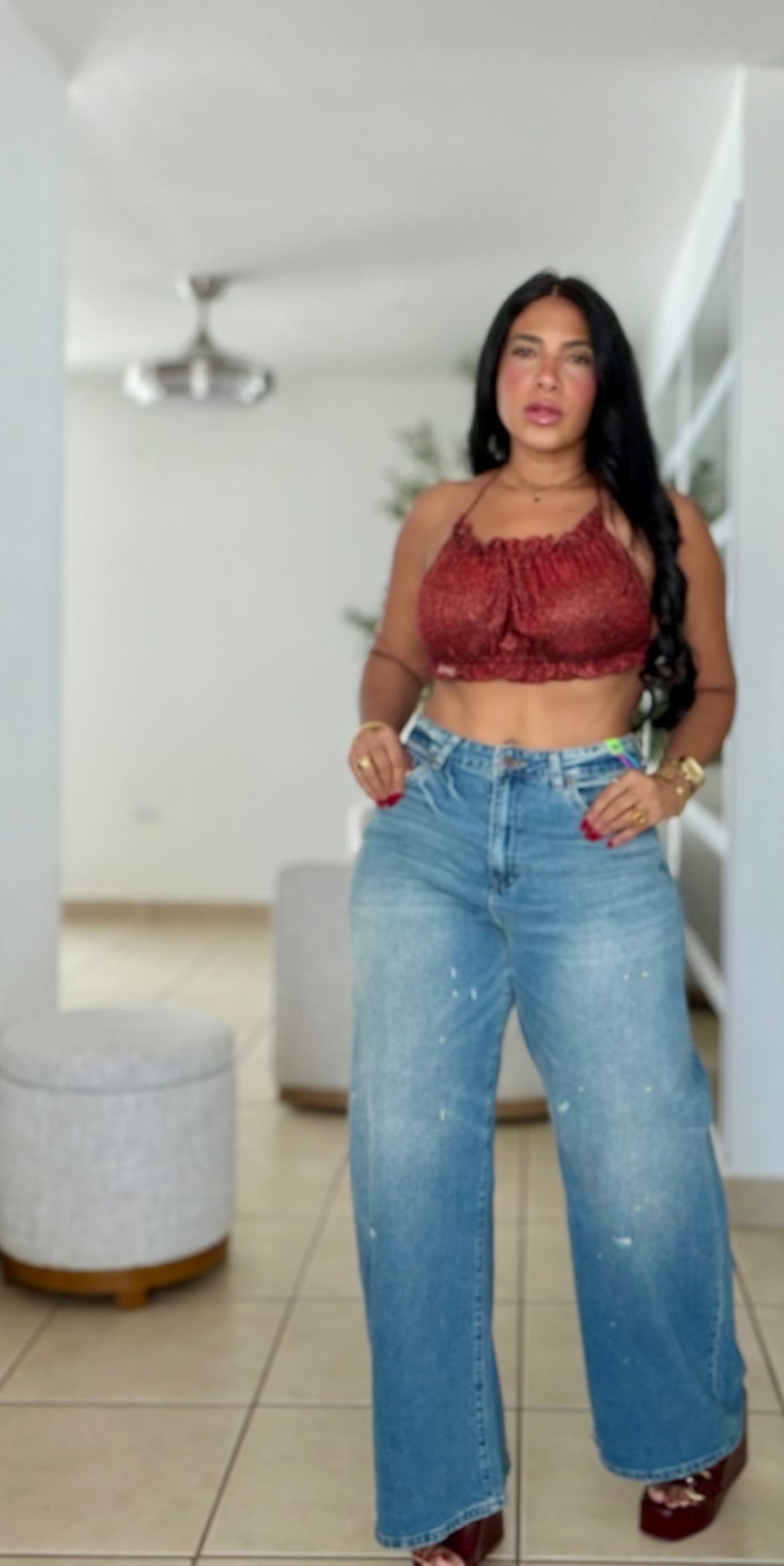 Denim Blue Vibrant Detail Baggy Wide Jeans (puesto small) lo amoo