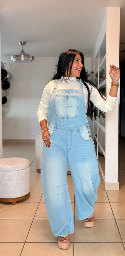 Baggy Barrel Spandex Overall Mega Premium.  Denim light Blue.