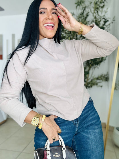 De Lujo Beige Taupé Oversized Spandex Blouse Premium