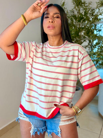 White and Red  Striped (lìneas) Oversized Premium Top Para todo el Año