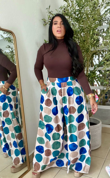 Polka Dots Spandex Palazzo Pants and Top Set Blue Multi de Lujo (tiene bolsillos)SOLD OUT GRACIAS