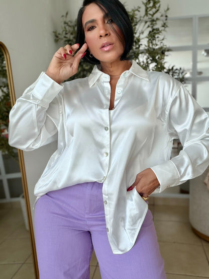 Blusa en Seda de Lujo Color Blanca Oversized