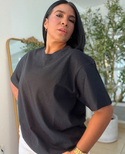 Oversized Premium Cotton Blacky Black Top con brillitos fijos (color Blanco) Luxury