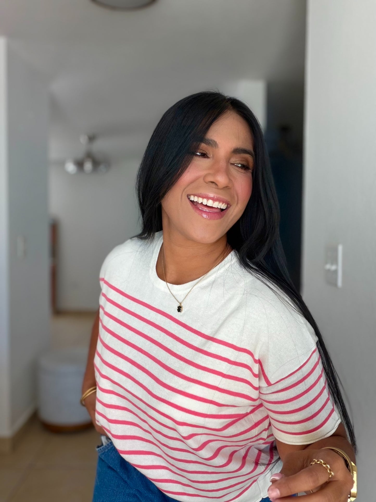 Pretty Pink and White Striped Luxe Spandex Top (líneas rosa intenso) Calidad Premium
