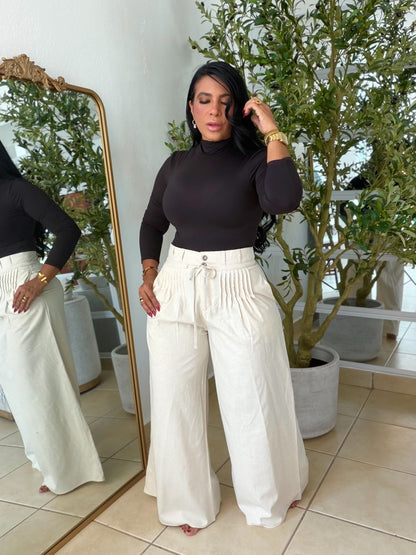 Premium Linen Spandex Pleated Crema Oatmeal Pants Wide Leg