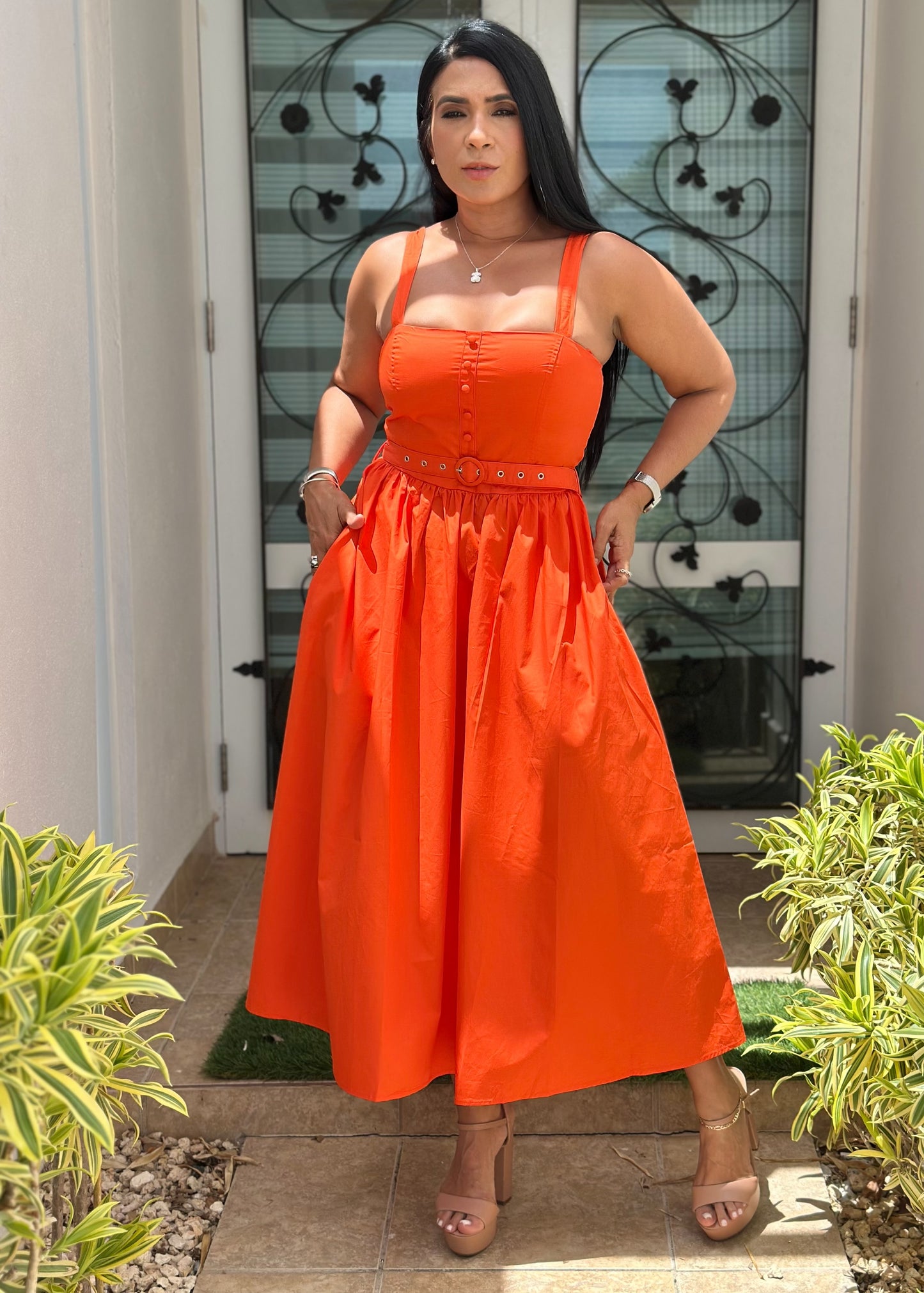 June Vibes Orange Midi Dress (cinturón incluído) Premium Collection