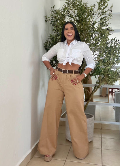 Y definitvamente es mío!! Omg! Tan Beige Luxe Linen Spandex Pants (incluye correa y es bien expandible!)Baggy Wide Leg (SOLD OUT)