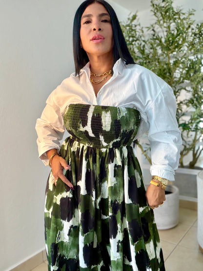 Darimar Wide Leg Spandex De Lujo Jumpsuit (tiene bolsillos y no zipper ni botones Choco Green and White  lìneas Beige. Tiene bolsillos