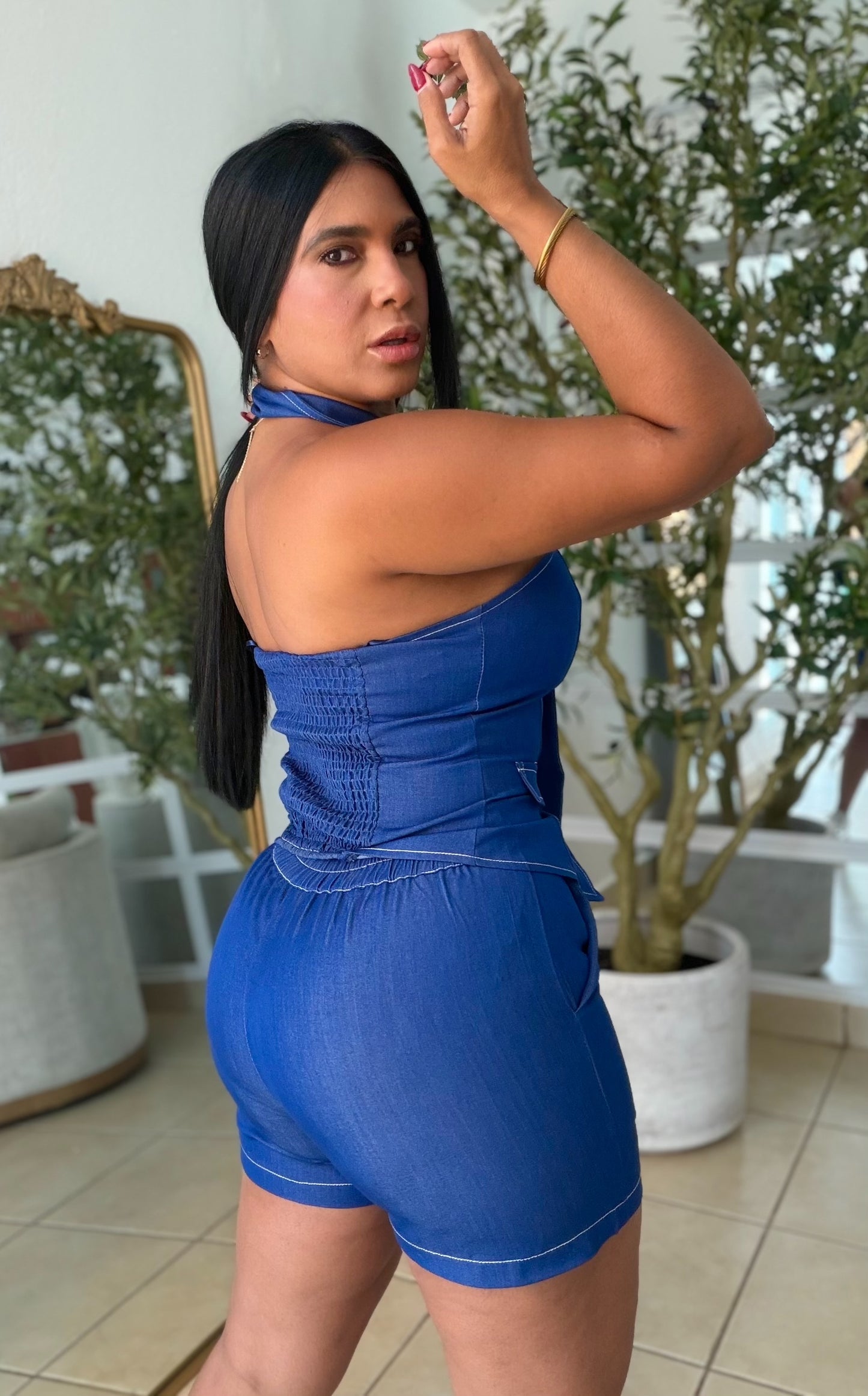 Set que simula Denim de Pantalòn y top spandex. Denim blue. Ùnico color