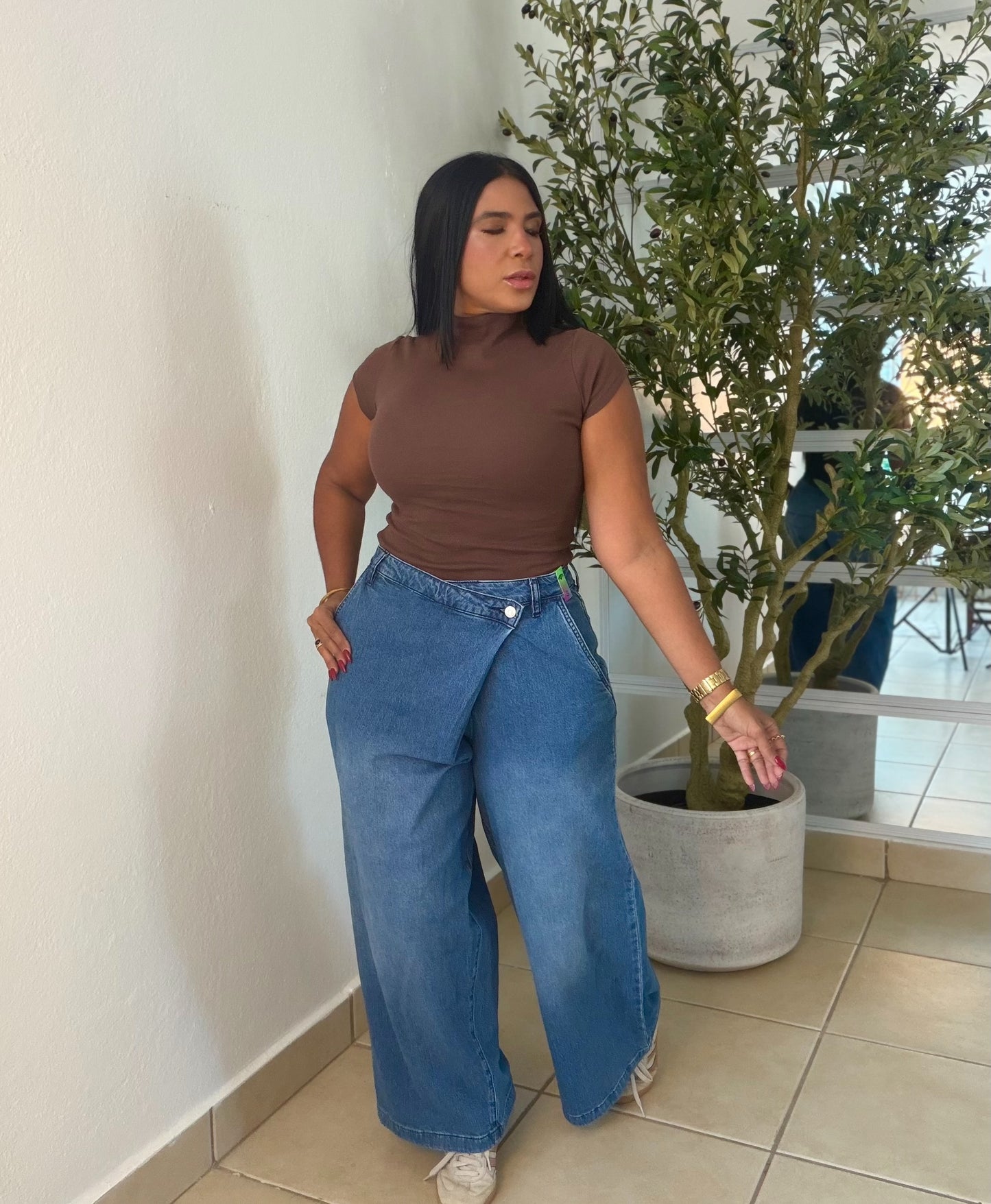 Vbrant Asimètrico Spandex Wide Leg Jeans Blue