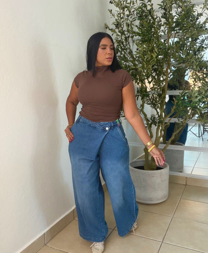 Vbrant Asimètrico Spandex Wide Leg Jeans Blue