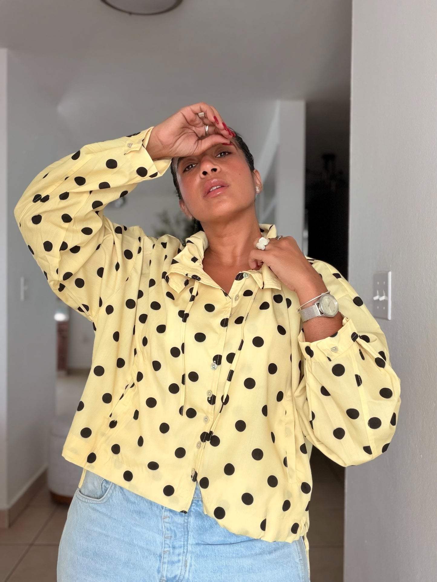 Bomber Top/Jacket Liviano Premium Butter Yellow Polka Dots (tiene bolsillos)