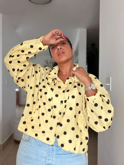 Bomber Top/Jacket Liviano Premium Butter Yellow Polka Dots (tiene bolsillos)