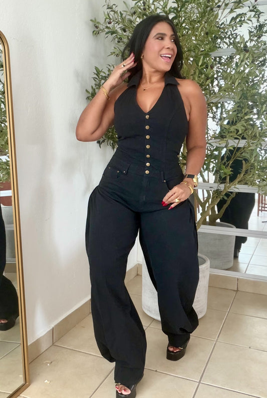 El Blacky Black Spandex Denim Vest Jumpsuit (tiene bolsillos)