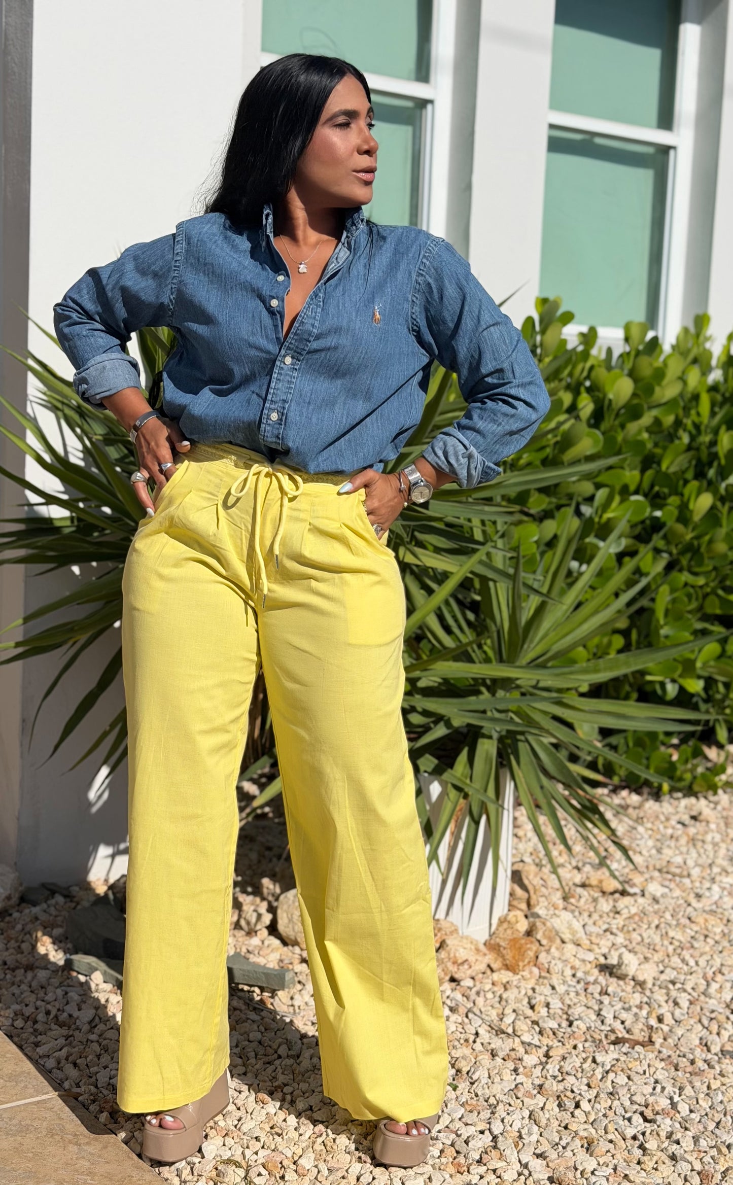 Y definitvamente es mío!! Omg! Yellow Luxe Linen Spandex Pants (elàstico en cintura) Baggy Wide Leg (único color)