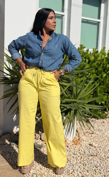 Y definitvamente es mío!! Omg! Yellow Luxe Linen Spandex Pants (elàstico en cintura) Baggy Wide Leg (único color)