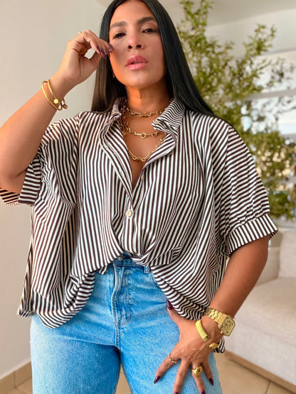Choco Brown and White Oversized Striped Blusòn (lìneas color chocolate brown) SOLD OUT GRACIAS