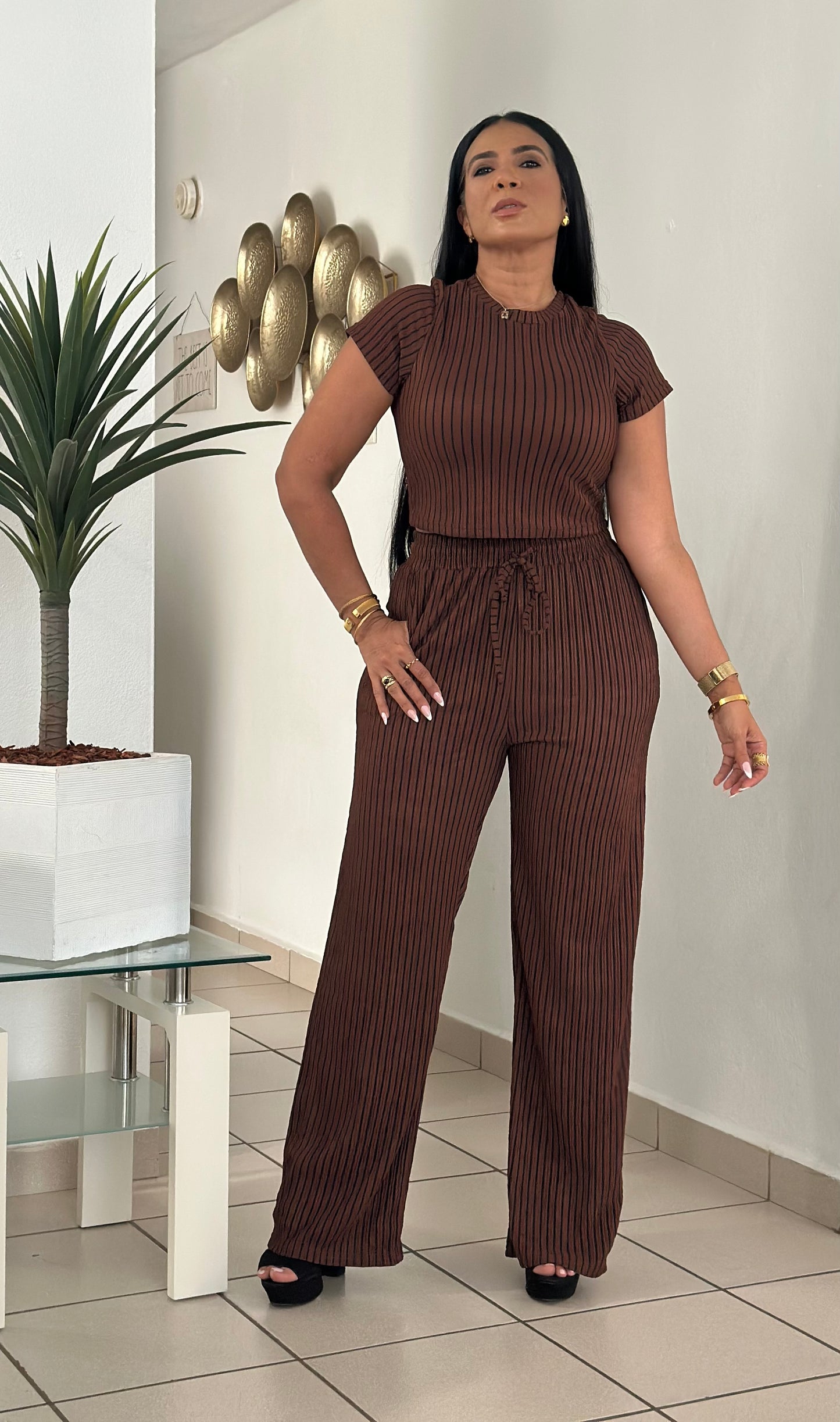 Indiana Spandex Brown con líneas negras Wide Leg Pants Set
