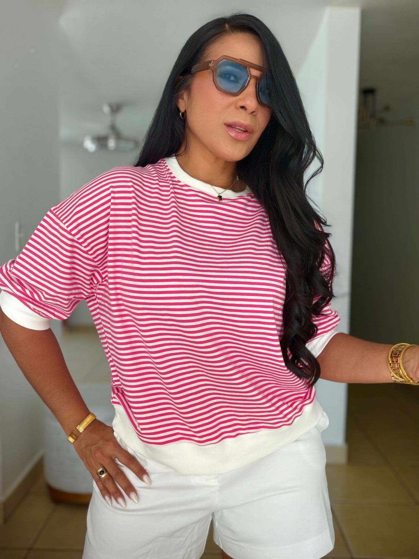 Striped Hot Pink and White Cotton Spandex Blusón