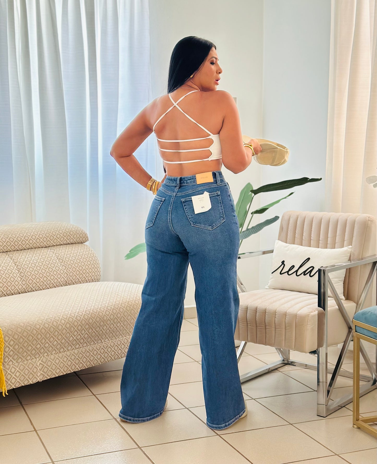 De Lujo Spandex (100 Lycra integrado) Premium Cello Wide Legs Blue Jeans