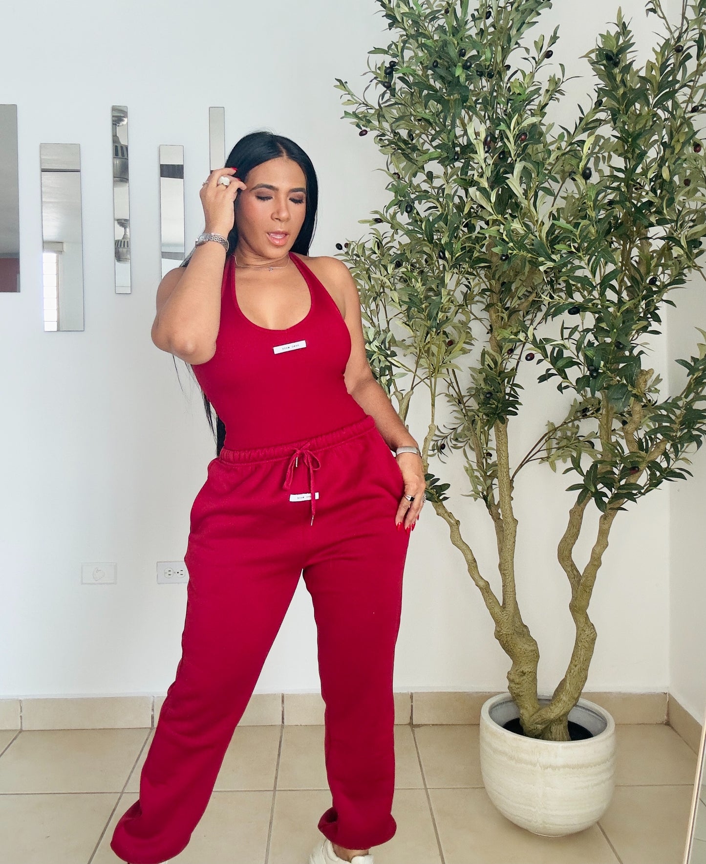 Todo el año Red Wine Chocó Spandex Bodysuit & Jogger Set (para viajar es perfecto)