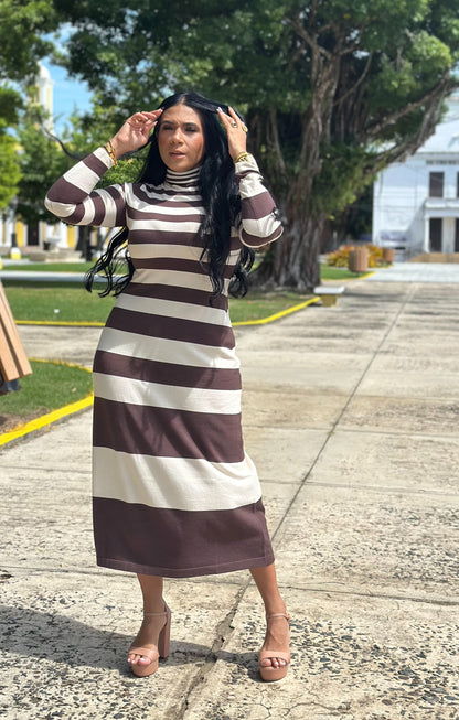 Chic Choco and Cream Stripe Midi Dress (Mega Spandex y Mega liviano)