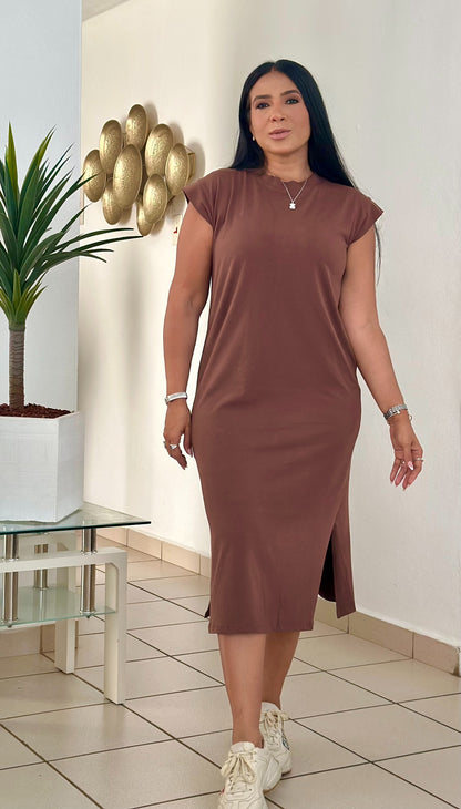 Bávaro Brown Cotton Spandex Sporty Midi Dress (bien cómodo y expandible). Puesto small