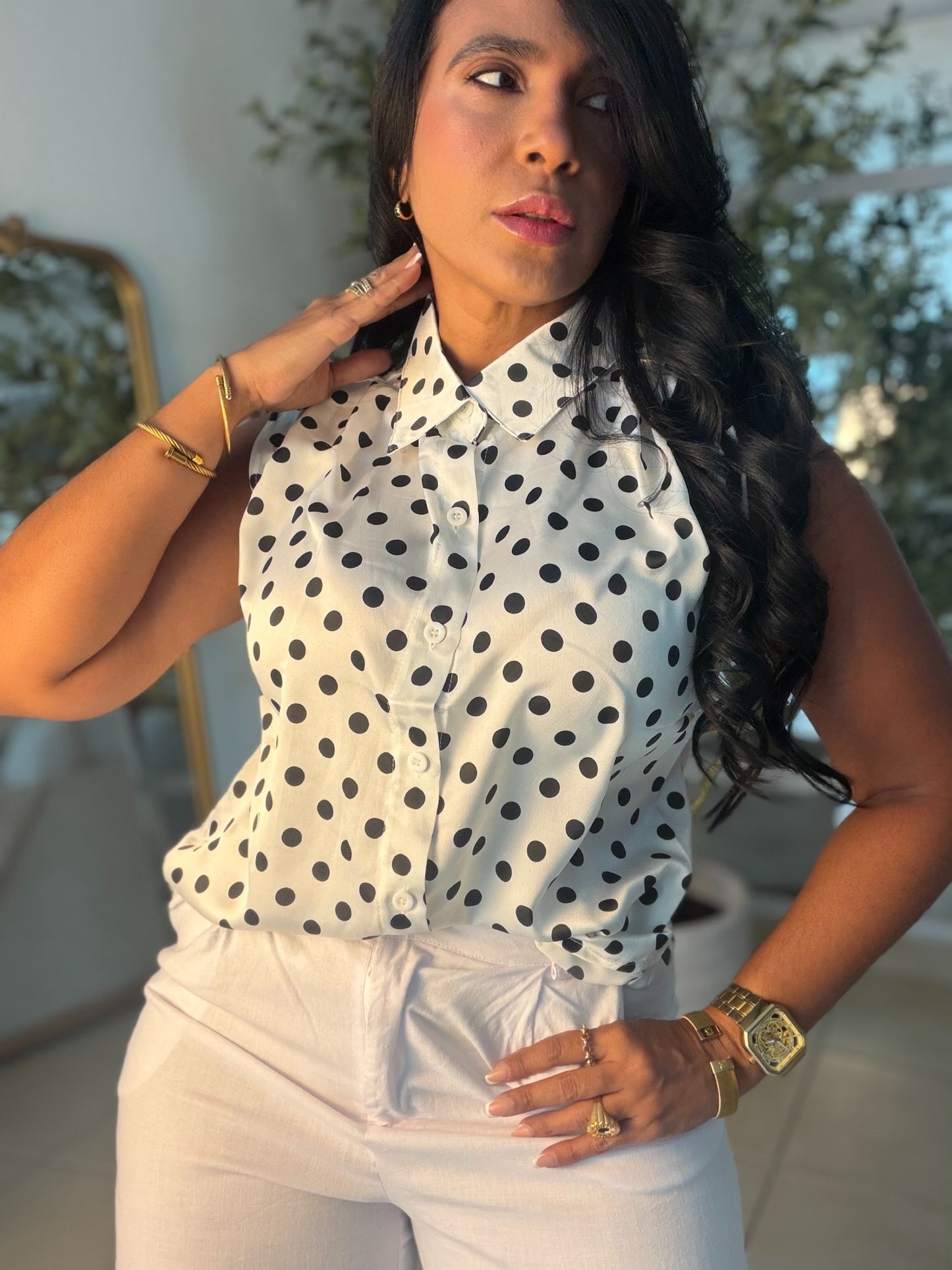 Camisa en Seda Polka Dots White and Bkack