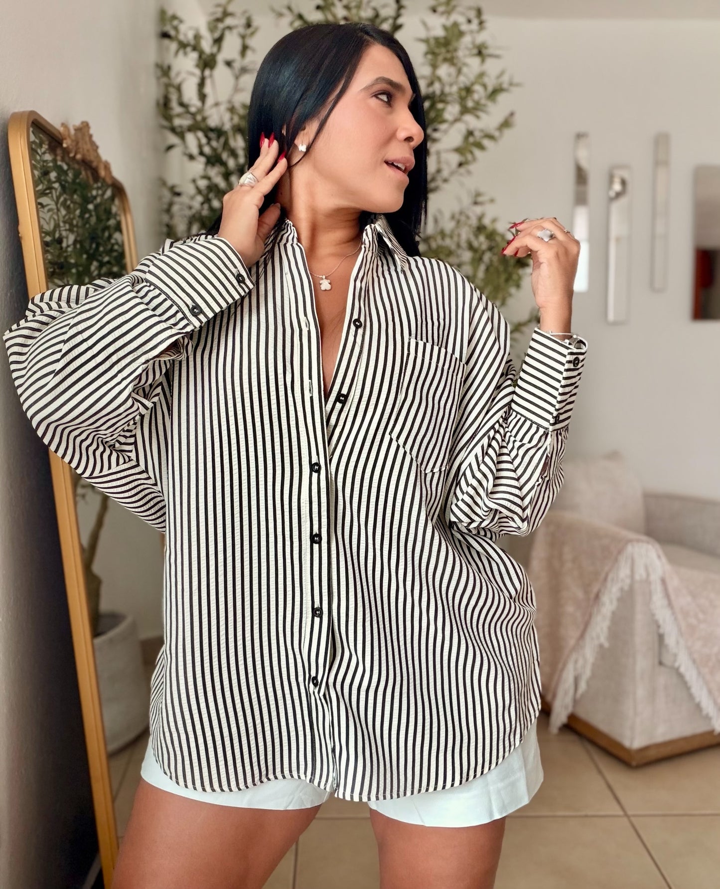 Black and Beige Striped Oversized Blouse SOLD OUT