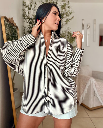 Black and Beige Striped Oversized Blouse SOLD OUT