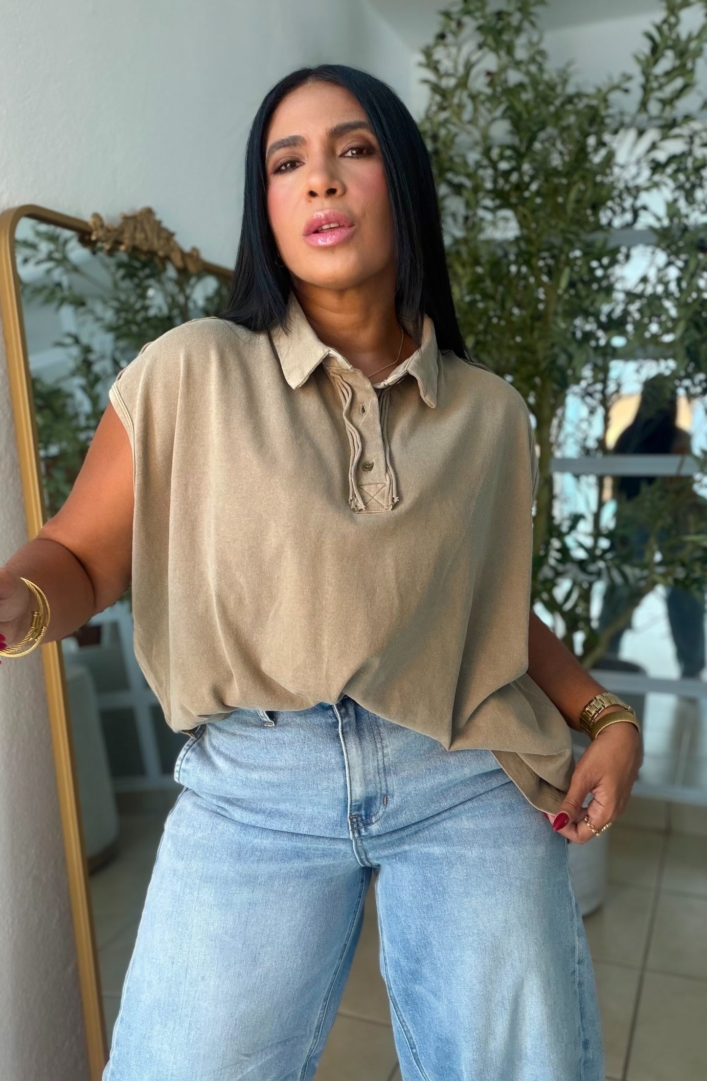 Mocha Beige Luxe Urban 100% cotton Long Top