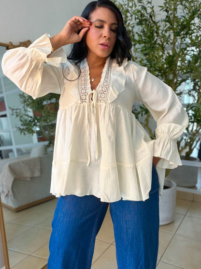 Mujeres Beige Luxe Blouse (mangas spandex)