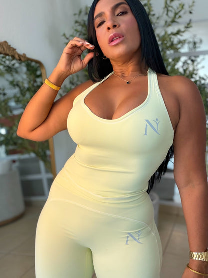 Nüra Lemon Green Spandex Sporty Top and Wide Leg Pants Set