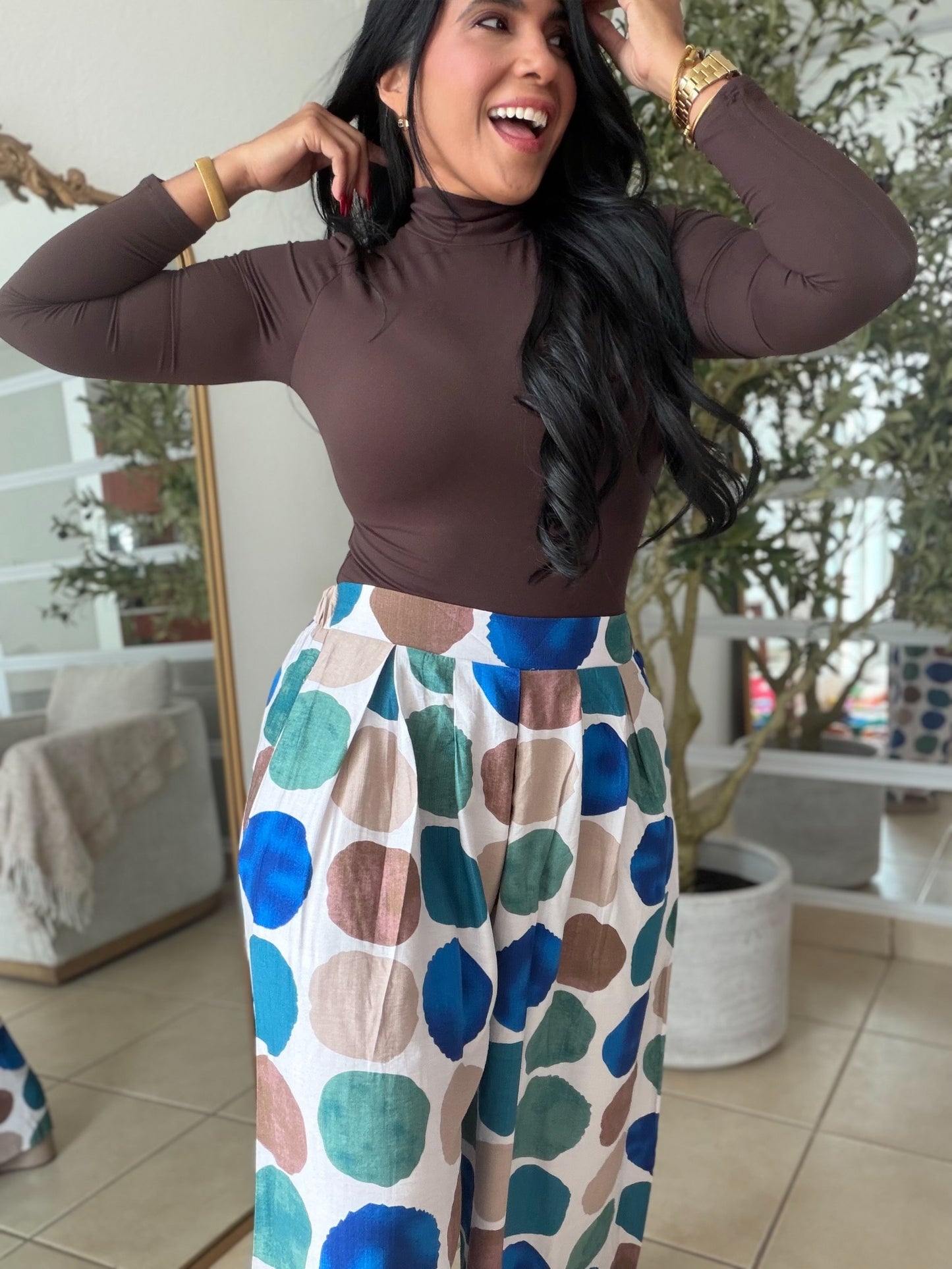 Polka Dots Spandex Palazzo Pants and Top Set Blue Multi de Lujo (tiene bolsillos)SOLD OUT GRACIAS