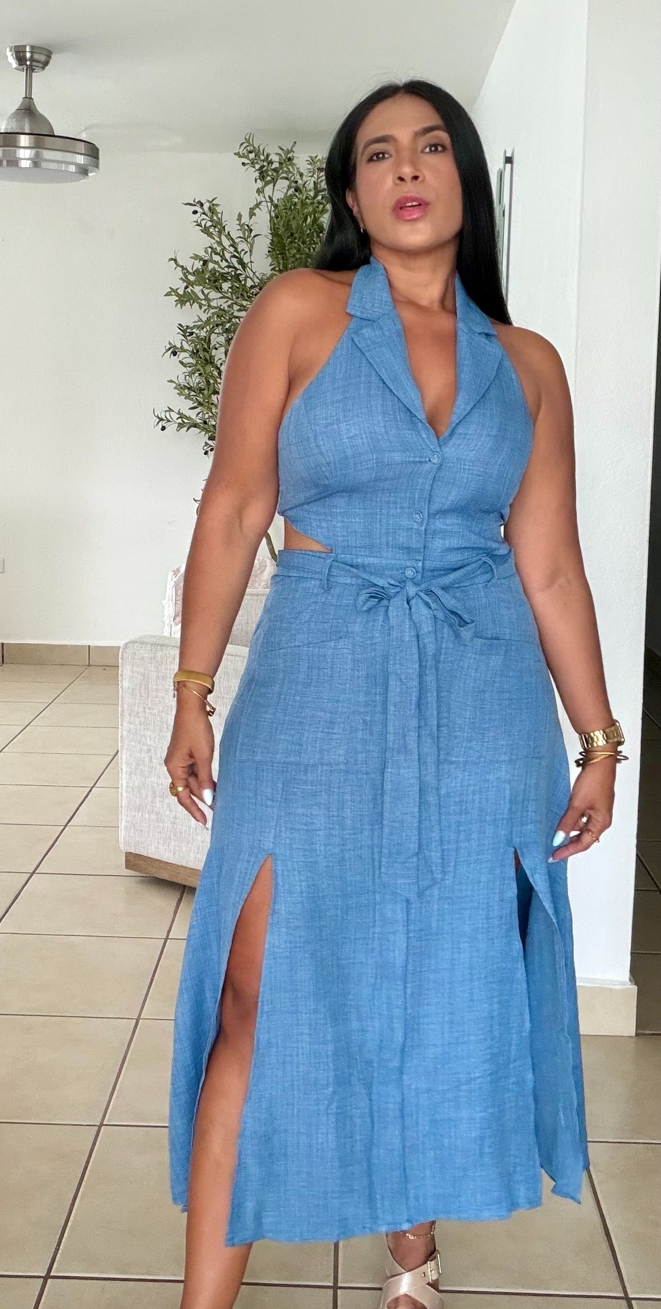 Denim Blue Halter Spandex Cut-Out Midi Dress
