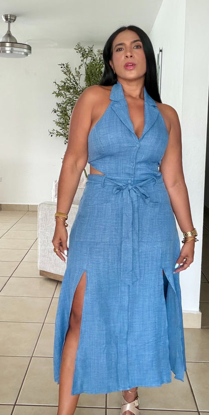 Denim Blue Halter Spandex Cut-Out Midi Dress
