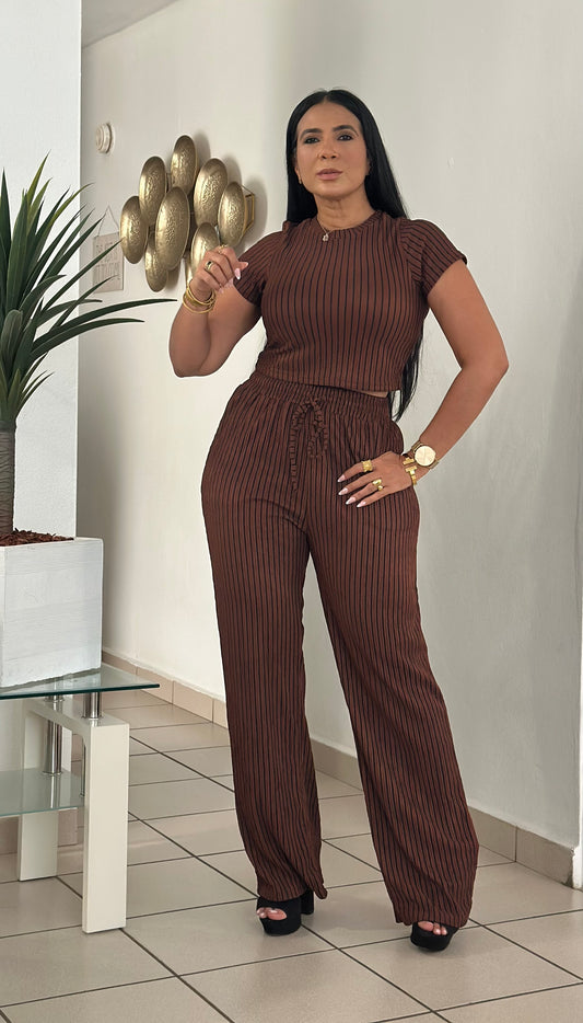 Indiana Spandex Brown con líneas negras Wide Leg Pants Set
