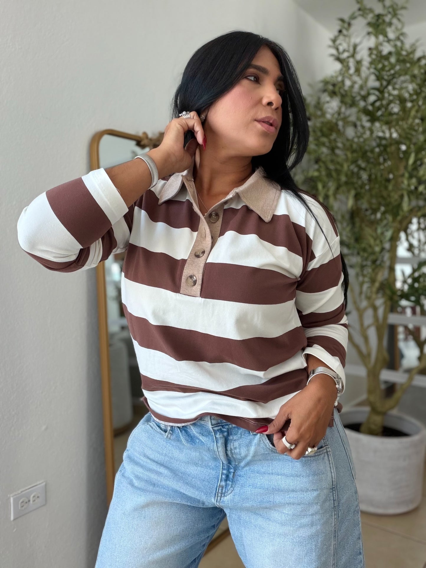 Choco Brown and White Striped Spandex Polo Top De Lujo )SOLD OUT