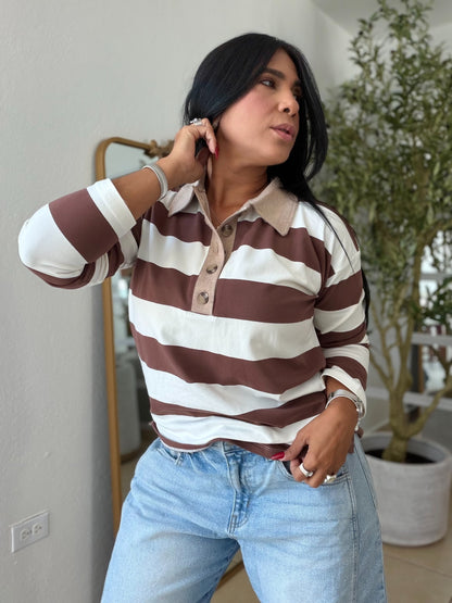 Choco Brown and White Striped Spandex Polo Top De Lujo )SOLD OUT