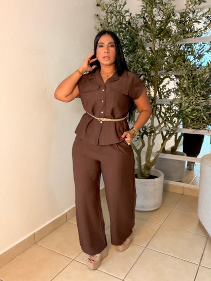 Ellas Choco Brown Luxe Set de Pantalòn, Blusa y correa.  Expandible y suelto total